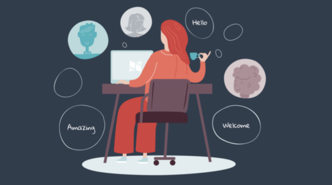 Beitragsbild von preply.com, Darstellung einer Frau vor dem PC mit Wortblasen "Hello", "Amazing" und "Welcome" um sie herum.