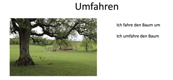 Bild eines Baumes, Text Umfahren: ich fahre den Baum um und ich umfahre den Baum.